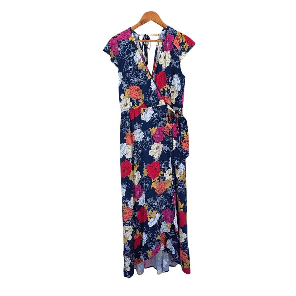 Band of the Free Faux Wrap Floral Boho Maxi Dress Navy Fuchsia Size L